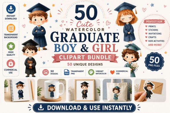 50Watercolor Graduate Boy & Girl Bundle: A Designer's Asset