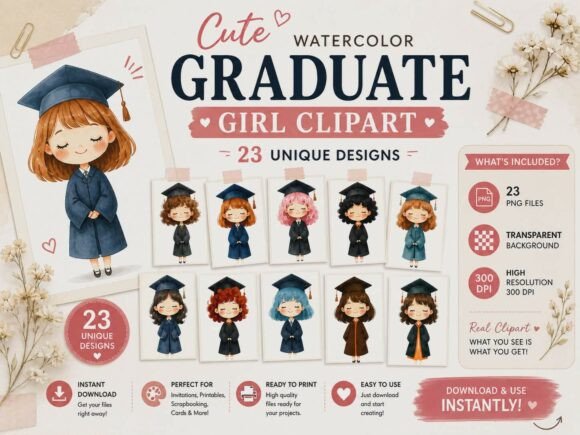 Charming Watercolor Graduate Clipart for Class of 2026