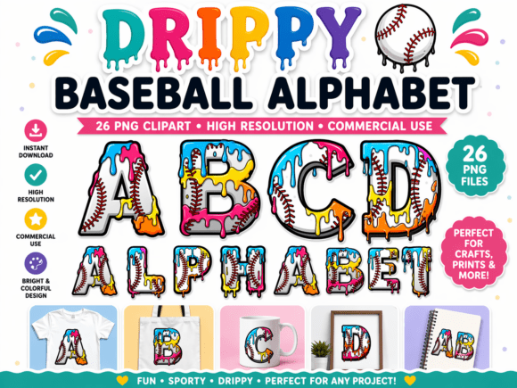 Colorful Drippy Baseball Alphabet a-Z: Energetic Typography for Modern Design