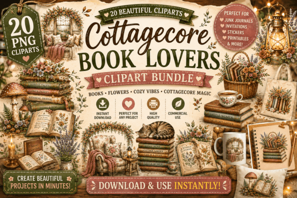 Cottagecore Book Lovers Clipart: Design Inspiration