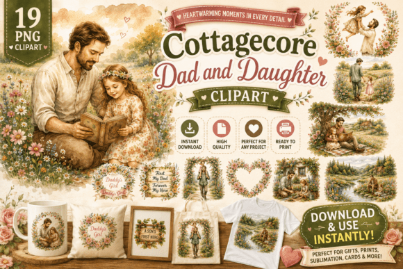 Cottagecore Dad and Daughter Clipart: A Design Asset for Heartfelt Storytelling