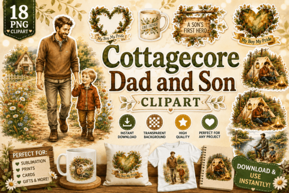 Cottagecore Dad and Son Clipart: Rustic Design Charm