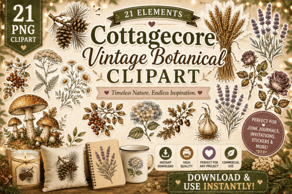 Cottagecore Vintage Botanical Clipart: Timeless Design Assets