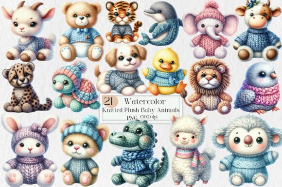 Enchanting Knitted Plush Baby Animals Clipart PNG
