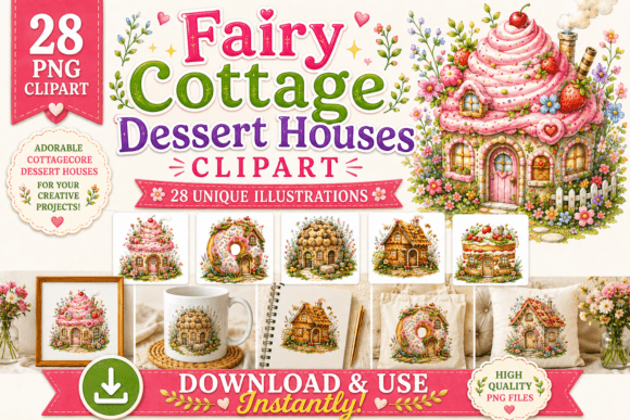 Fairy Cottage Dessert Houses Clipart: Whimsical Design Assets