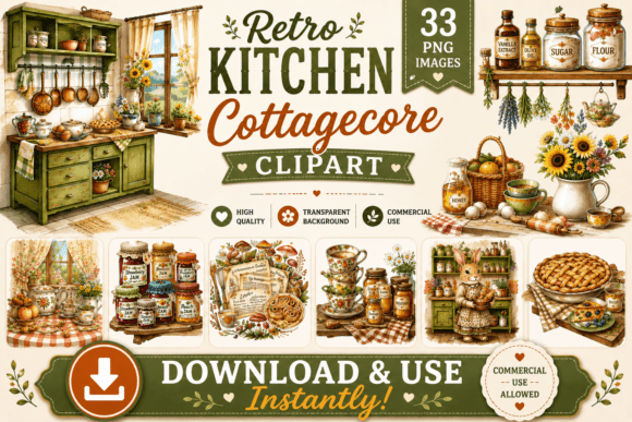 Retro Cottagecore Kitchen Clipart: Vintage Design Charm