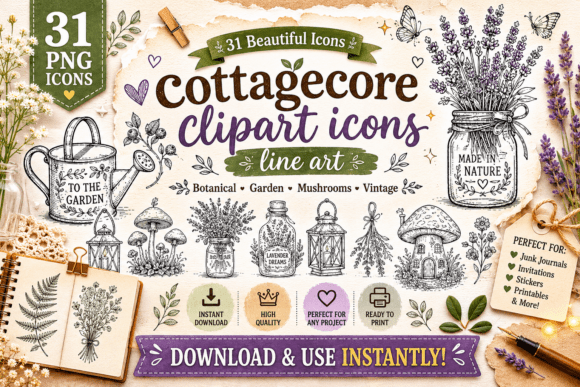 Rustic Cottagecore Line Art Icons: A Designer's Charming Asset