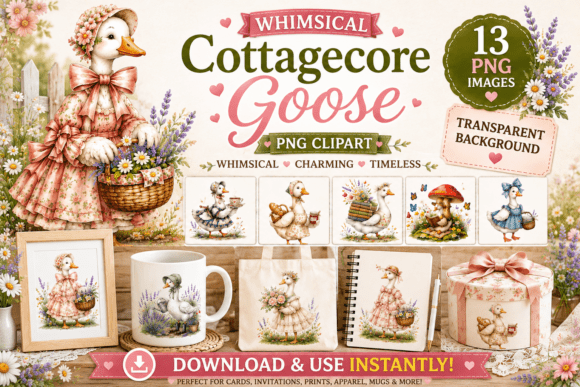 Whimsical Cottagecore Goose PNG: Charming Design Assets